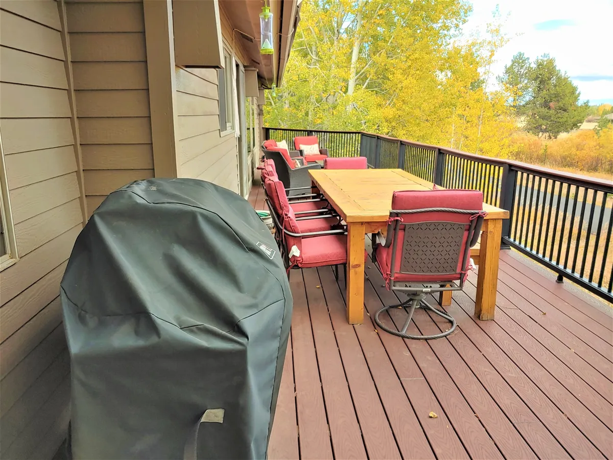An inviting outdoor space with a dining table, grill, and a backdrop of lush trees. The arrangement is designed for barbecuing, al fresco meals, and enjoying the fresh air in a serene, natural setting.